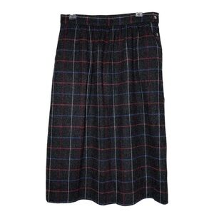 Vintage - PANTHER Wool Blend Gray, Blue & Red Plaid Midi Skirt Pockets - Size 14